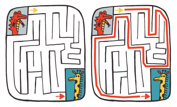 from the crocodile to the giraffe, easy maze, funny labyrinth, with solution, cartoon
