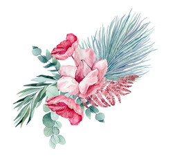 Watercolor illustration of a bouquet with anemones, palm leaves, eucalyptus, fern leaves. hand-painted picture for wedding invitations.