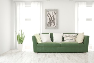 White living room with sofa. Scandinavian interior design. 3D illustration