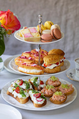 Traditional afternoon tea with canapes and cakes