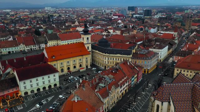 Sibiu twilight city aerial view