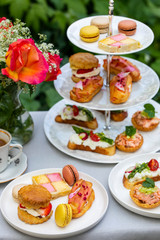 Traditional afternoon tea with canapes and cakes