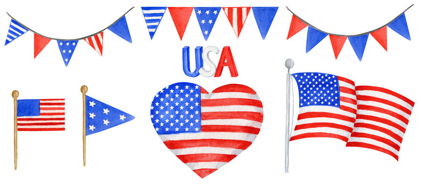 American Flag and String garland set, hand drawn watercolor illustration for happy independence day of America. 4th of july usa design concept on white backgraund