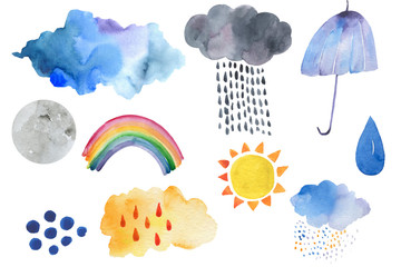 Doodle illustration of weather icons - cute decoration. Little rainbow and clouds, cute characters set, posters for nursery room, greeting cards, kids and baby clothes. Isolated .