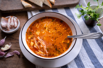 Ukrainian / Russian national tomato and beetroot soup with sour cream, borscht