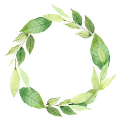 bay leaves watercolor wreath. Template for wedding invitation and save the date cards. Watercolor Pattern