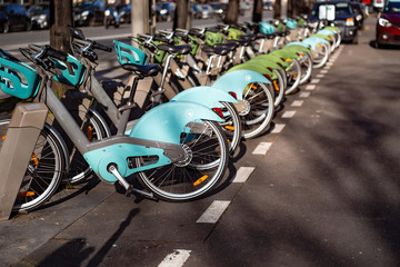 Paris, France, city bicycles, bike rental, bicycle parking.