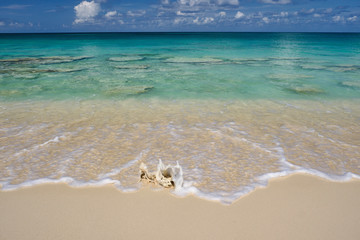 Eaux cristallines et sable rosé sur une plage vide de sept milles sur l& 39 île tropicale des Caraïbes Grand Cayman