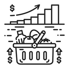 Expensive food basket black line icon. Rising food prices. Economic crisis. Sign for web page, app. UI UX GUI design element. Editable stroke.