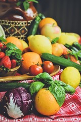 rustic composition of fruits and vegetables - healthy food, traditional cuisine