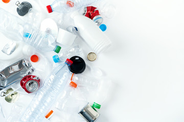 Fototapeta premium Food plastic packaging waste collection on white background. Concept of Recycling plastic and metal. Ecology environment. Flat lay, top view with copy space.