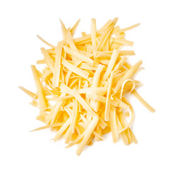 Grated cheese isolated on white background. Slices cheese. Top view.