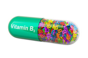 Vitamin capsule B3, niacin. 3D rendering