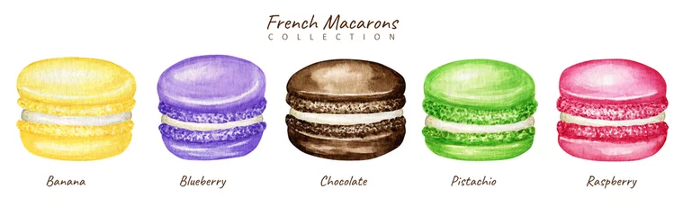 Photo sur Plexiglas Macarons Hand drawn watercolor mix french macaron cakes set. Chocolate Pink Yellow Green Purple fruit Pastry dessert Isolated on white background colorful macaroon biscuits, Blueberry Raspberry Banana sweet
