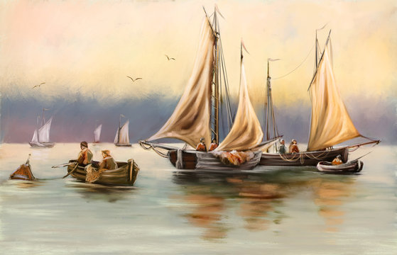 Oil paintings sea landscape, fishermen, sailboat at sunset. Fine art.