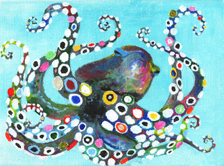 Colorful octopus hand drawn illustration painting acrylic and watercolor on paper. Volumetric abstract octopus, made with paints massive strokes. Contrast and bright