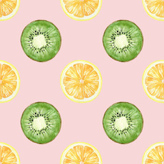 Fototapeta premium Kiwi and lemon watercolor hand drawn seamless pattern. Round slices of fruit on a pink background wallpaper.