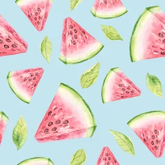 Keuken foto achterwand Watermeloen Naadloze patroon met watermeloen en bladeren op een blauwe achtergrond. Segment van watermeloen aquarel naadloze patroon.
