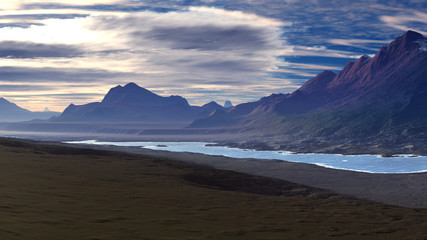 3D ilustration of mountians landscape and sea