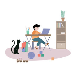 A boy studying at home. Study at a distance. Quarantine life. Flat cartoon illustration.