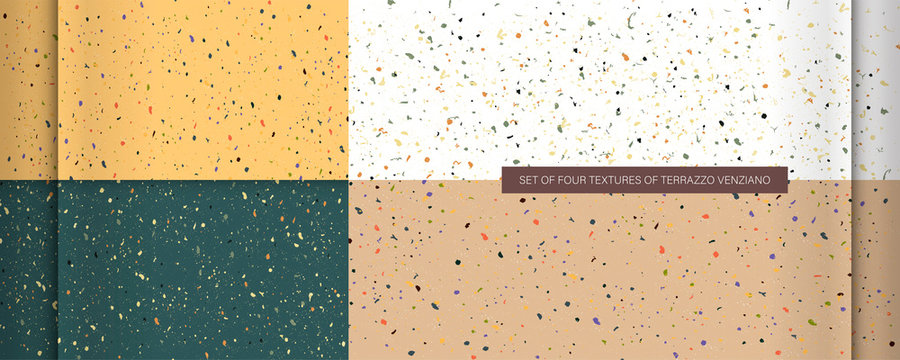 Set seamless terrazzo patterns. Pattern for ceramics marble natural stone. Vector stock illustration textured shapes in vibrant colors