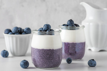 Blueberry chia pudding with coconut yogurt in glasses with fresh berries for healthy diet...