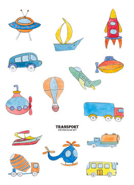 Watercolor transport set. Rocket, ufo, bus, helicopter, bus, air balloon, cars and boat isolated on white