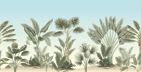 Selbstklebende Fototapete Vintage botanische Landschaft Tropische Palme der Weinlese, Bananenbaum, blauer Hintergrund der Pflanzenblumengrenze. Exotische Dschungeltapete.