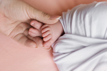 Obraz na płótnie Canvas newborn baby feet and mother hands