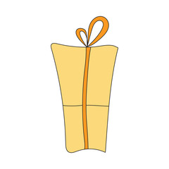 Cute doodle orange present box isolated on white background. Vector illustration for wrapping paper, card, postcard, poster, text space. Minimalist holiday background, invitation, cover.