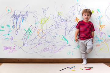 Child mischief. Boy with a distracted face because he drew the entire wall. Little boy leaning...