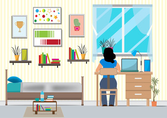 Flat design vector of  woman doing work at the laptop computer in office. She is sitting on a chair behind computer with picture,clock, lamp, Vector Graphic designer and workplace concept.
