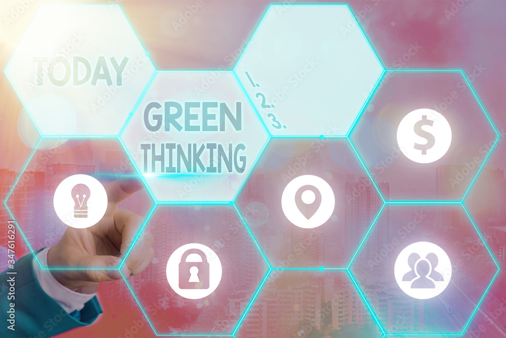 Aufkleber writing note showing green thinking. business concept for taking ction to make environmental respons
