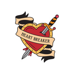 Old school tattoo emblem label with dagger heart symbols and wording heart breaker. Traditional tattooing style ink.