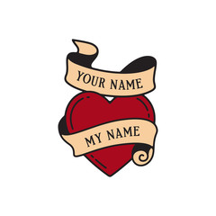 Old school tattoo emblem label with heart symbol and vintage ribbon. Traditional tattooing style ink.