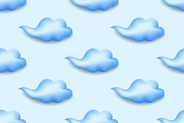 Seamless pattern realistic 3d cloud on blue sky background. Nature ornament, wallpaper, wrapping paper print. Abstract cloudlet texture for design textile, fabric, pajamas print. Vector illustration