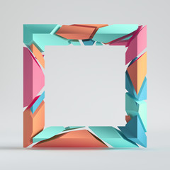 3d render, abstract random mosaic pieces, cracked blank square frame, copy space hole. Peachy pink blue mint elements. Split colorful geometric object isolated on white background. Minimalist design