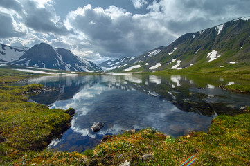 Fototapeta na wymiar A lake surrounded by mountains with snow and green fields in summer.