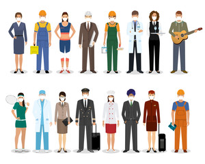 Group of people with different occupation wearing protection medical face mask to protect and prevent virus. Employment and labor day banner. Employee and workers characters. Vector illustration.