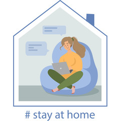 Work online from home during quarantine. Woman with a computer in an armchair. Freelancer or training. Cute vector in a flat style. Social distancing and self-isolation during corona virus COVID-19.