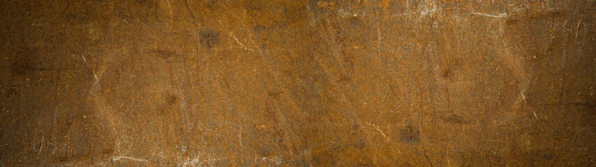 Grunge rusty dark brown orange rustic metal background texture banner Panorama, with copy space
