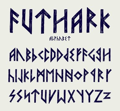 Nordic runes style latin letters alphabet. Futhark ABC.