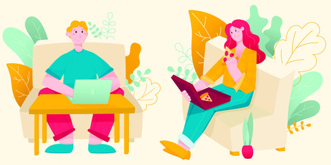 Spending time on self-isolation during a pandemic: a woman on a sofa with pizza, a man works on a laptop.
