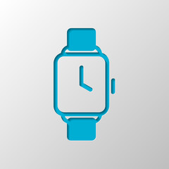 Hand smart watch with square display. Technology icon. Paper des