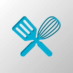 Kitchen tool icon. Whisk and spatula, criss and cross. Paper des