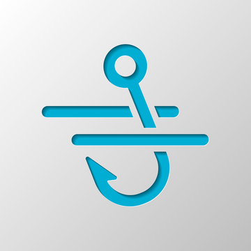 Fishing hook and water. Simple icon. Paper design. Cutted symbol