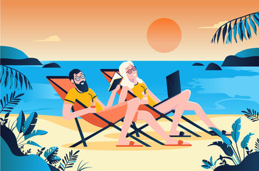 Couple on beach - Two happy people relaxing on a tropical beach paradise on vacation. Reading book and surfing the internet with drink in hand. Sunset and sea in background. Vector illustration.