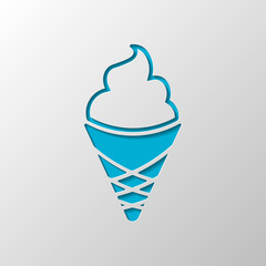 Ice cream in waffle cup. Simple icon. Paper design. Cutted symbol with shadow