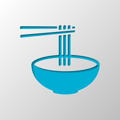 Noodles in bowl and chopstick, soup ramen, asian food, france pasta. Icon of kitchen. Paper design. Cutted symbol with shadow