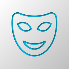 Smile mask of theatre, face with happy emotion, sign of comedy. Linear outline icon. Paper design. Cutted symbol with shadow